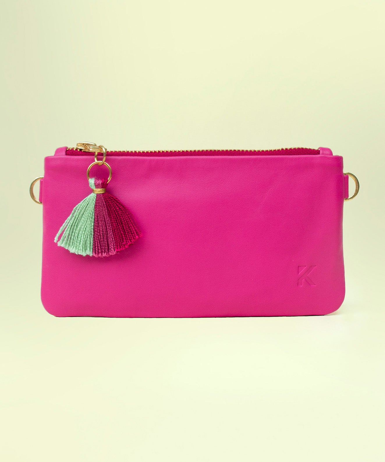 Billetera mujer cuero nappa rosado fucsia con borla y herrajes dorados Kaloskopic