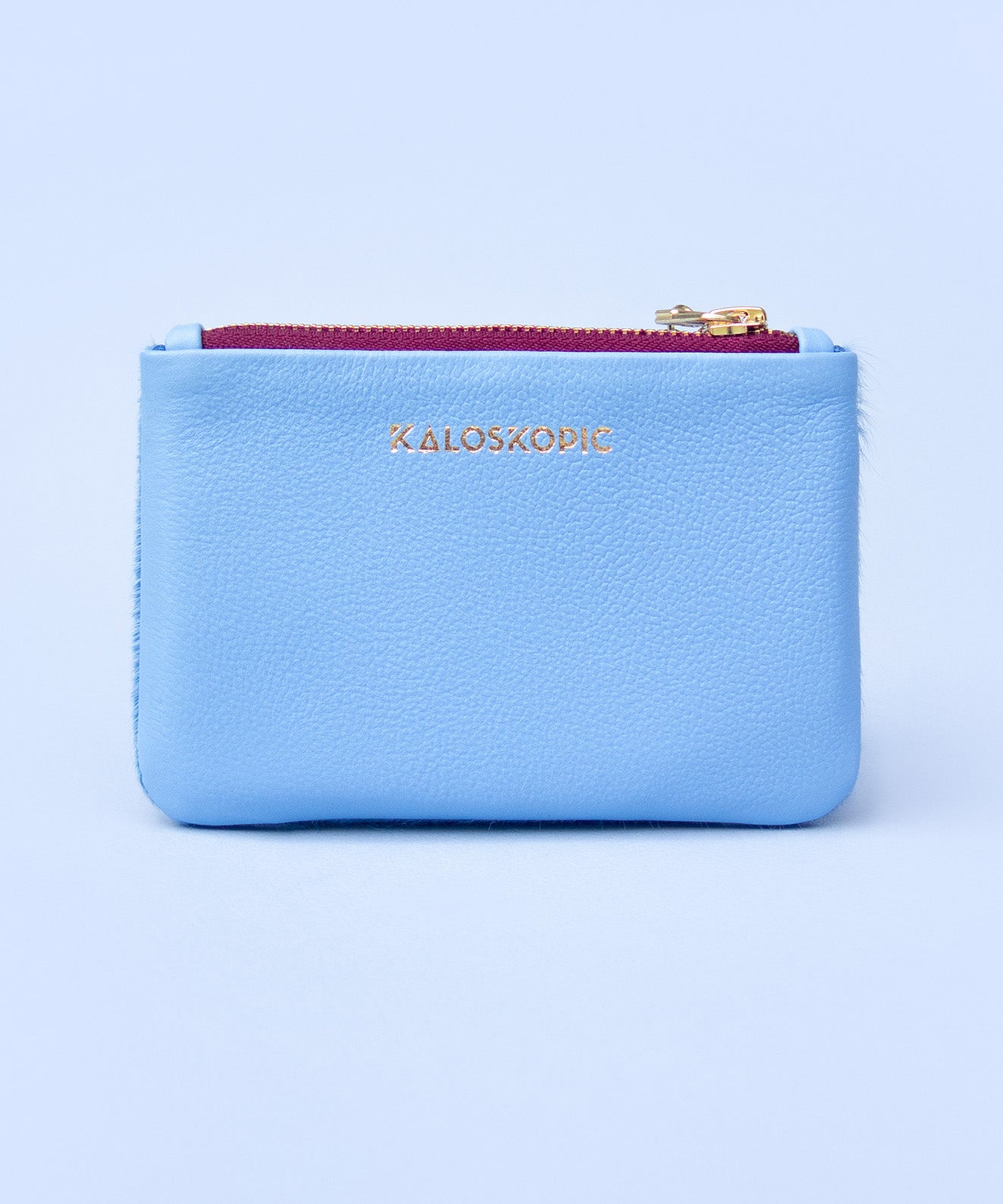 Revés monedero Aura Blue Kaloskopic en cuero azul claro logo dorado