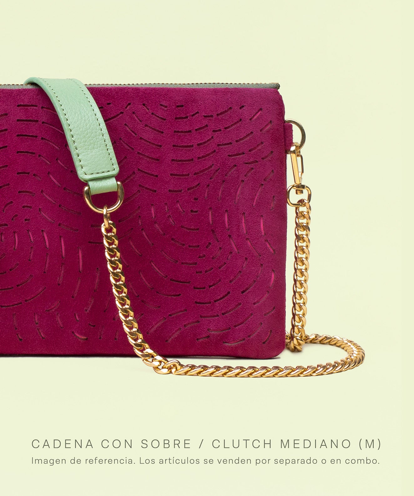 Cadena oro con hombrera cuero verde manzana sobre gamuza fucsia mediano estampado calathea laser Kaloskopic